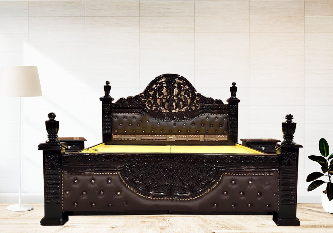 Finely Carved Designer Wooden King Bed Set