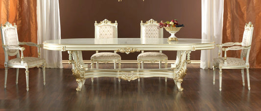 Curves & Carvings White and Gold Victorian Dining Table Set