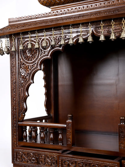 Designer Puja Temple in Wood with Dangling Brass Bells