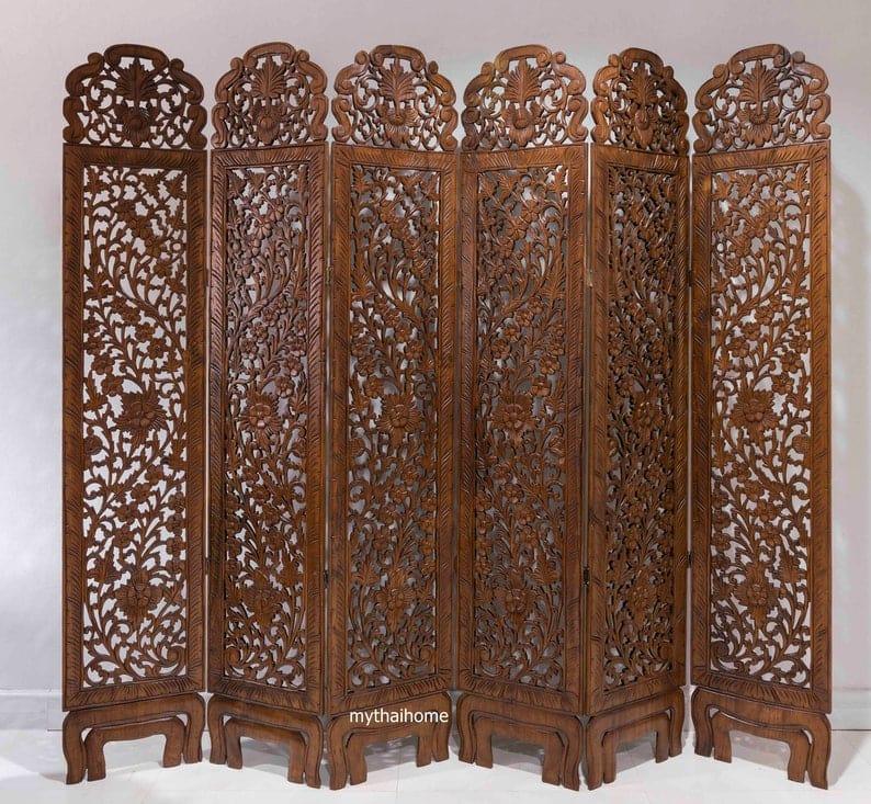 5 Panel Room Divider Flower Folding Screen Panels Partition Carved  Wood and MDF Asian Screen Large Wood Wall-Art Thai Wood Carving Wooden Boho King Headboard