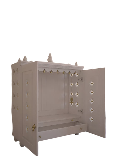 Solid Wood Table Mount Pooja Temple for Home With Door With a Slide-out Tray and Enhanced With Pure Brass Knobs & Bells