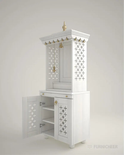 Beautiful free standing puja mandapam with brass accents & storage unit