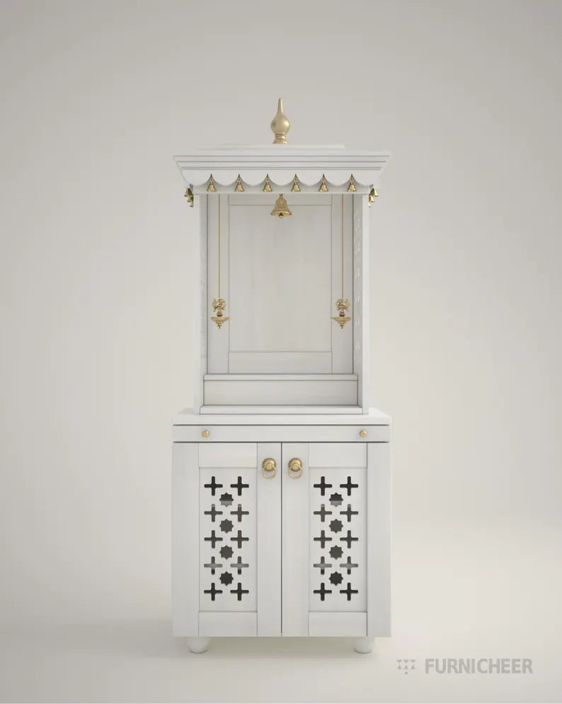 Beautiful free standing puja mandapam with brass accents & storage unit