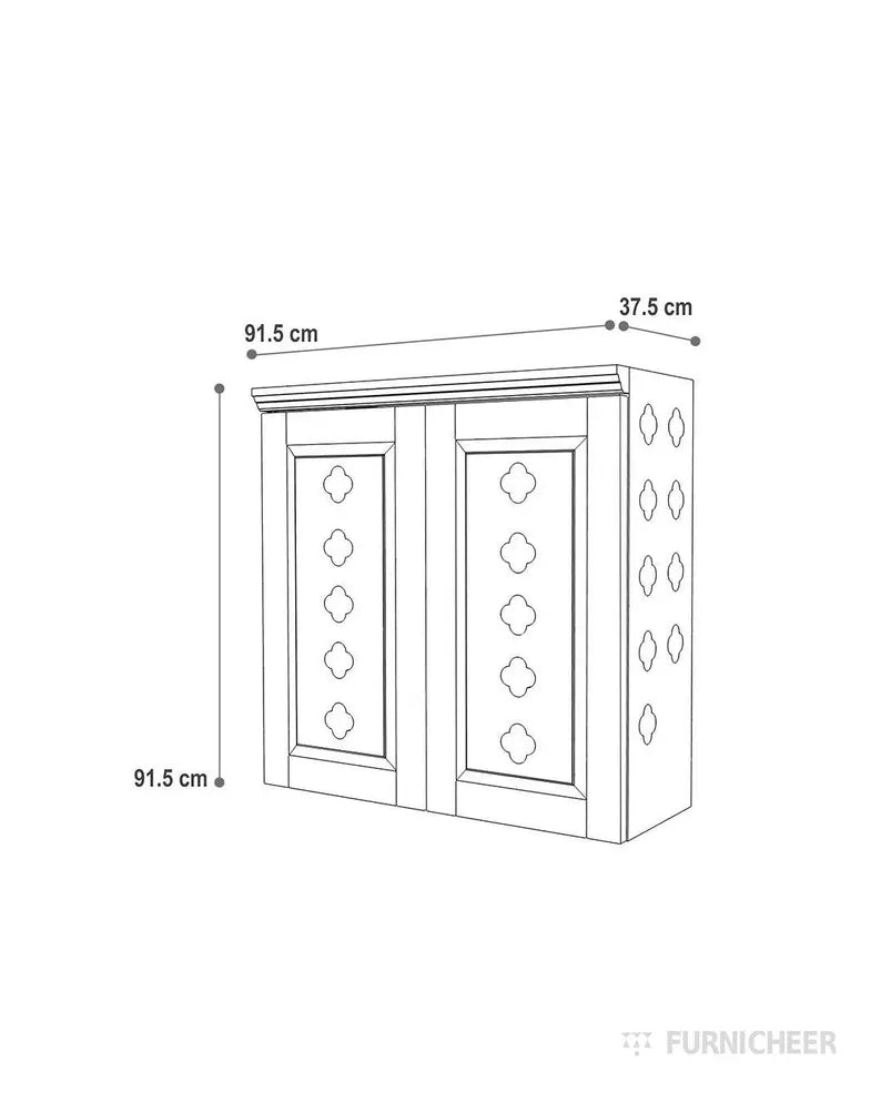 Wall mount puja mandir with door having flower cutouts & bells