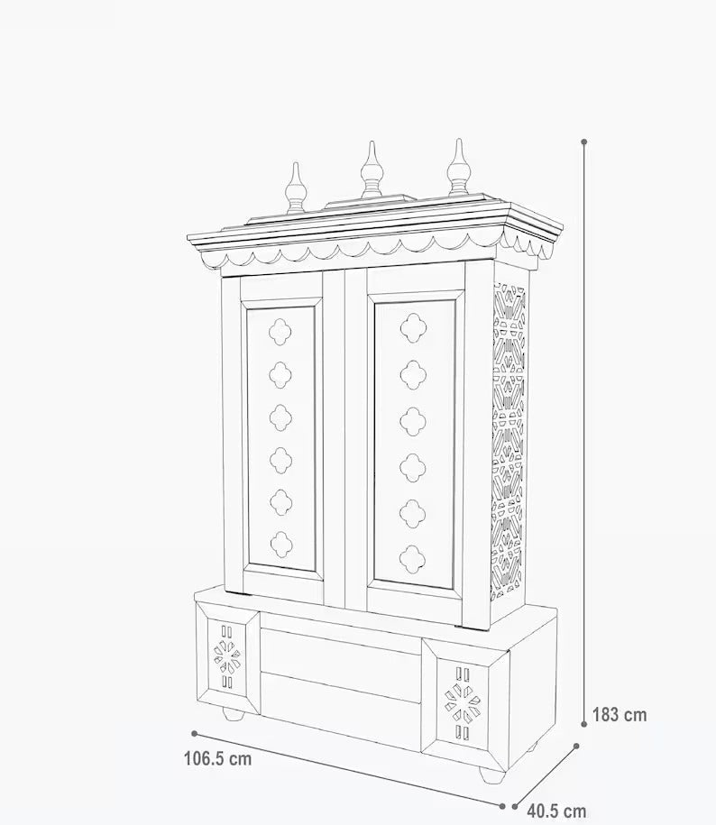 Beautifully crafted free-standing puja temple with door, tray & storage with pure brass accents.