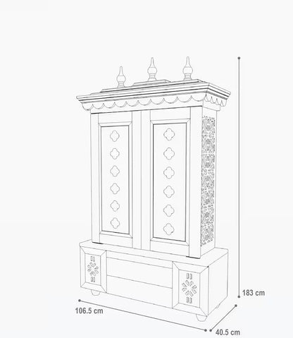 Beautifully crafted free-standing puja temple with door, tray & storage with pure brass accents.