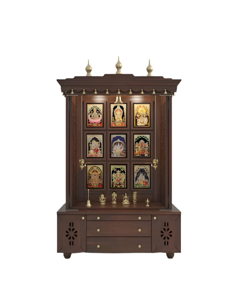 Beautifully crafted free-standing puja temple with door, tray & storage with pure brass accents.