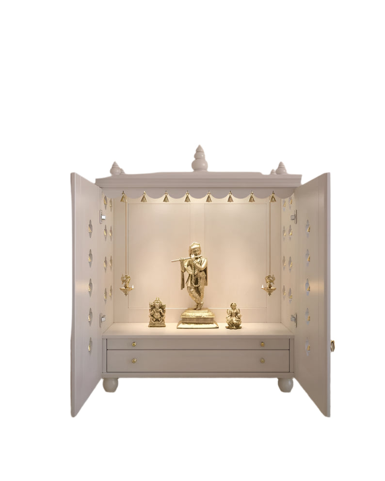 Solid Wood Table Mount Pooja Temple for Home With Door With a Slide-out Tray and Enhanced With Pure Brass Knobs & Bells