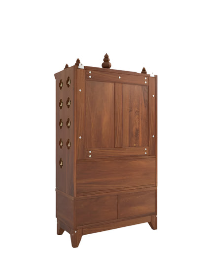 Solid wood handcrafted free-standing temple for home with door in Cherry Brown PU finish accessorized with brass bells & brass lamp