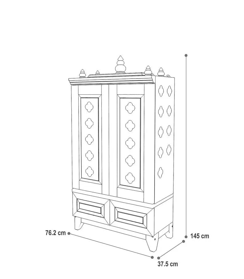 Solid wood handcrafted free-standing temple for home with door in Cherry Brown PU finish accessorized with brass bells & brass lamp