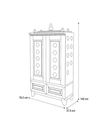 Solid wood handcrafted free-standing temple for home with door in Cherry Brown PU finish accessorized with brass bells & brass lamp