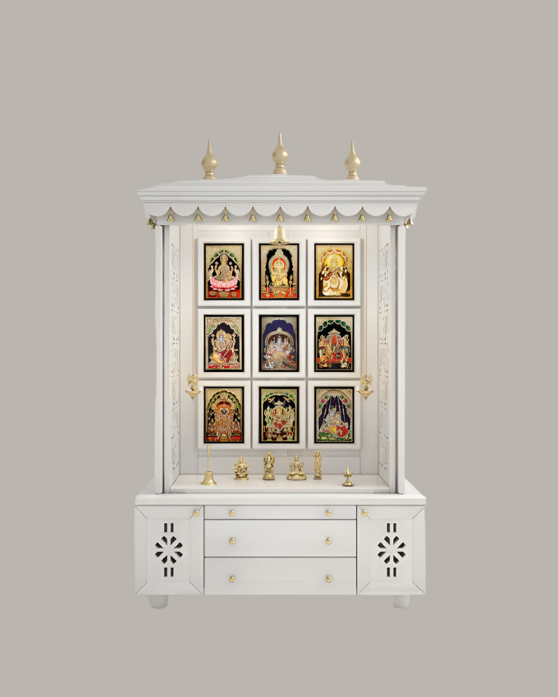 Beautifully crafted free-standing puja temple with door, tray & storage