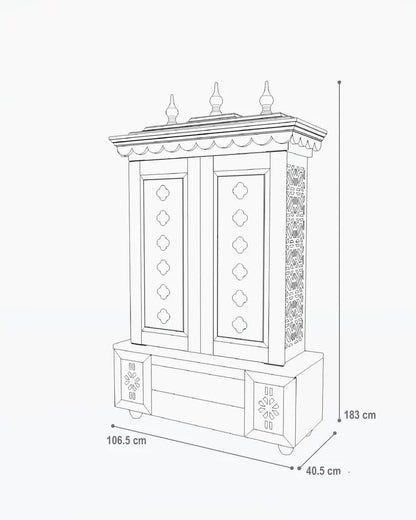 Beautifully crafted free-standing puja temple with door, tray & storage