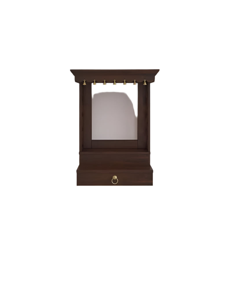 Wall mount Pooja Mandir with pure brass bells in premium walnut brown solid wood