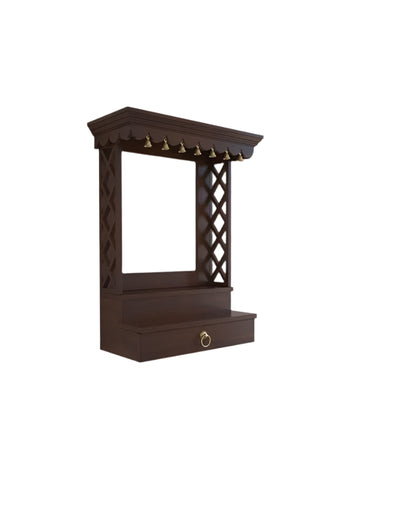 Wall mount Pooja Mandir with pure brass bells in premium walnut brown solid wood