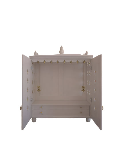 Solid Wood Table Mount Pooja Temple for Home With Door With a Slide-out Tray and Enhanced With Pure Brass Knobs & Bells