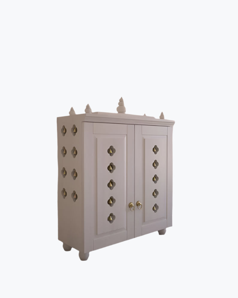 Solid Wood Table Mount Pooja Temple for Home With Door With a Slide-out Tray and Enhanced With Pure Brass Knobs & Bells