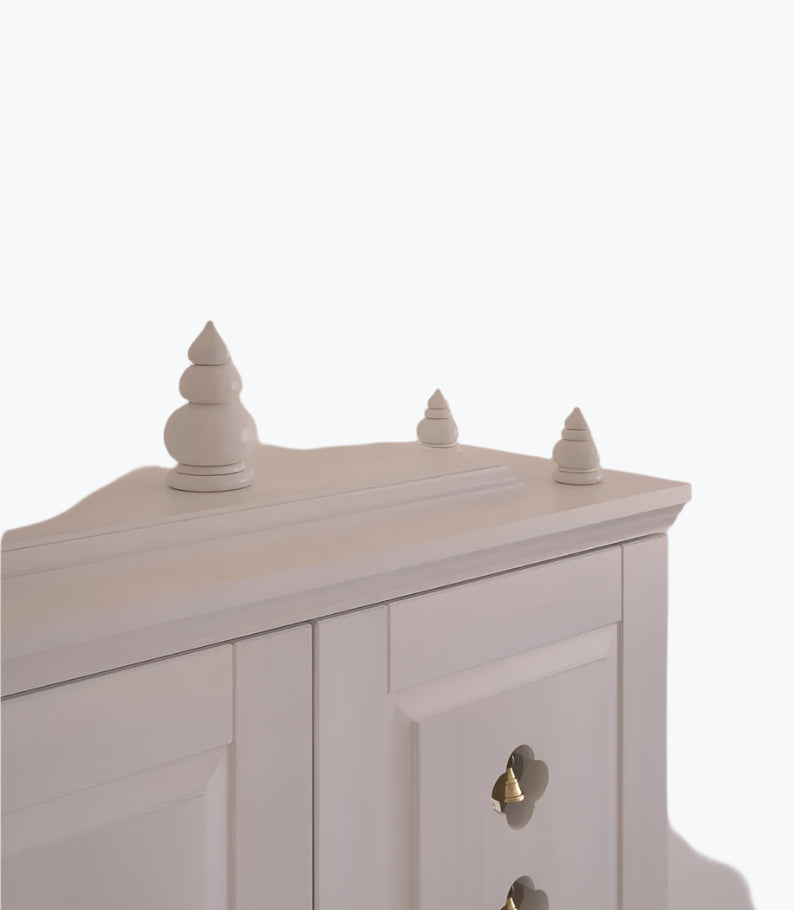 Solid Wood Table Mount Pooja Temple for Home With Door With a Slide-out Tray and Enhanced With Pure Brass Knobs & Bells