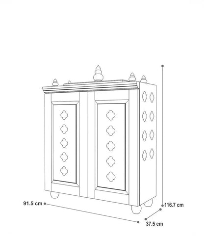 Solid Wood Table Mount Pooja Temple for Home With Door With a Slide-out Tray and Enhanced With Pure Brass Knobs & Bells