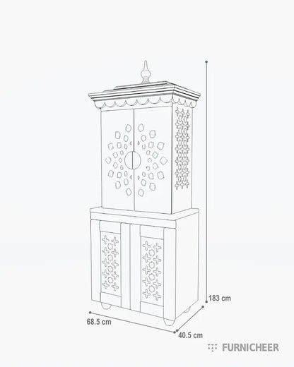 Beautiful free standing puja mandapam with brass accents & storage unit