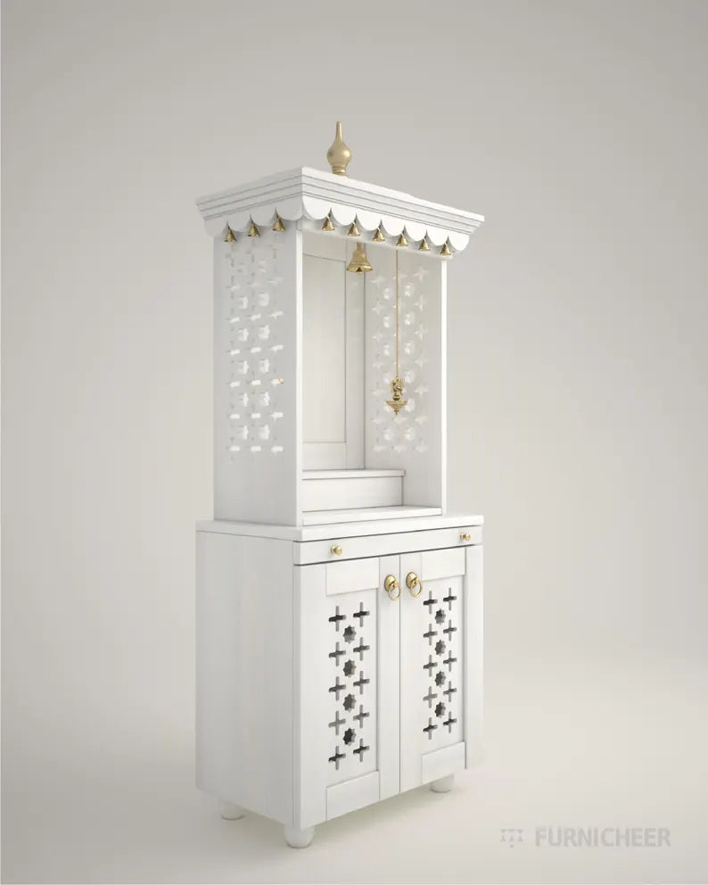 Beautiful free standing puja mandapam with brass accents & storage unit