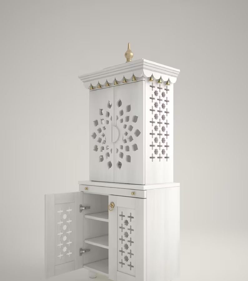 Beautiful free standing puja mandapam with doors & brass accents