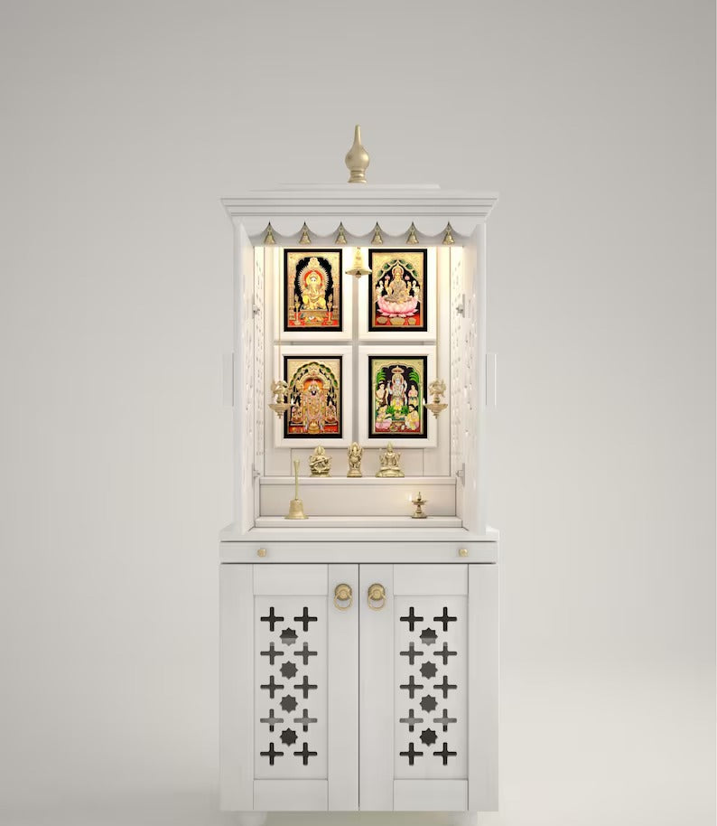 Beautiful free standing puja mandapam with doors & brass accents