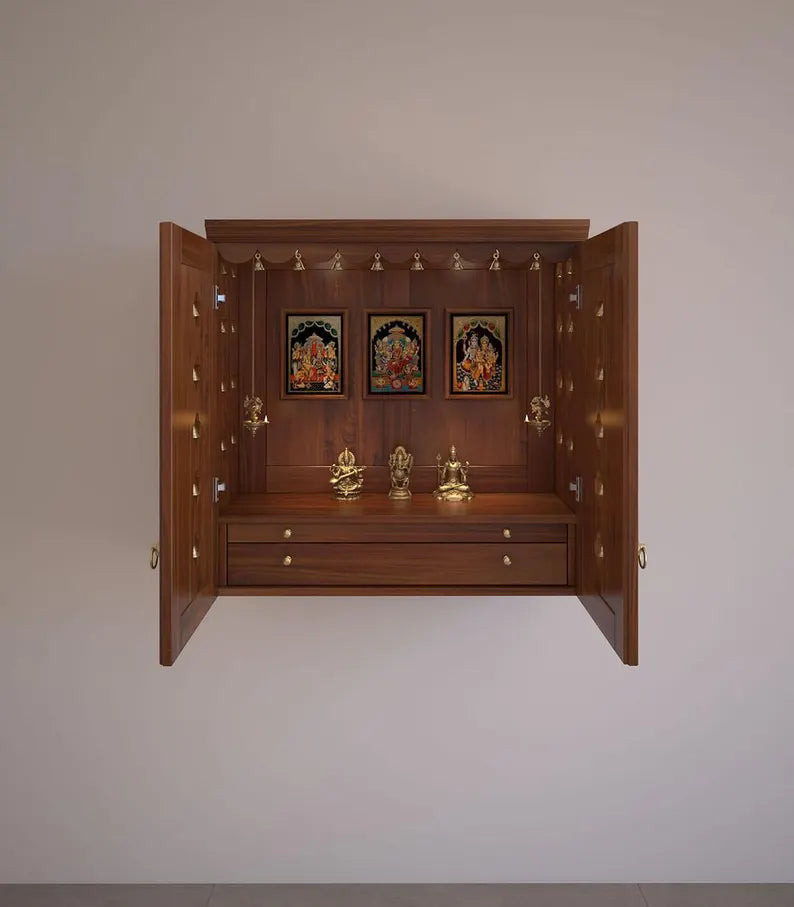 Handmade solid wood puja mandir with pullout tray and drawe