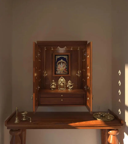 Wall mount puja mandir with door having flower cutouts & bells