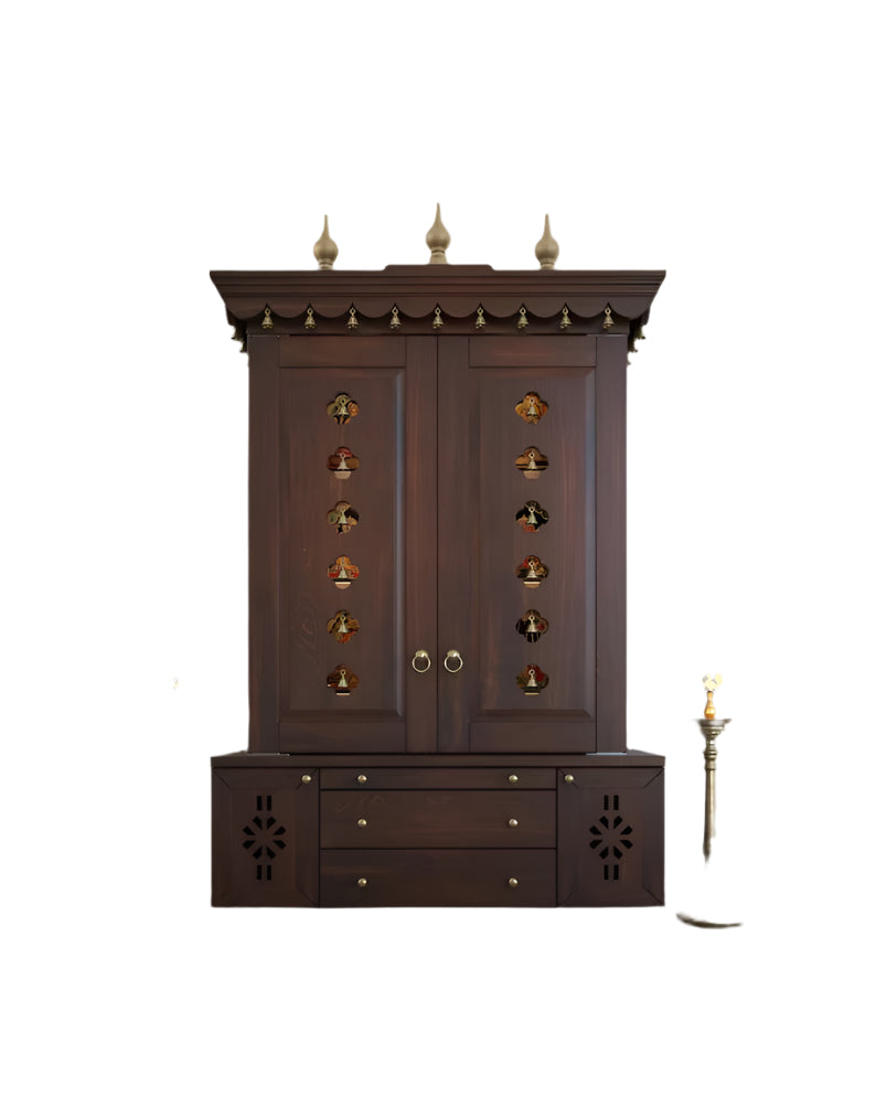 Beautifully crafted free-standing puja temple with door, tray & storage with pure brass accents.