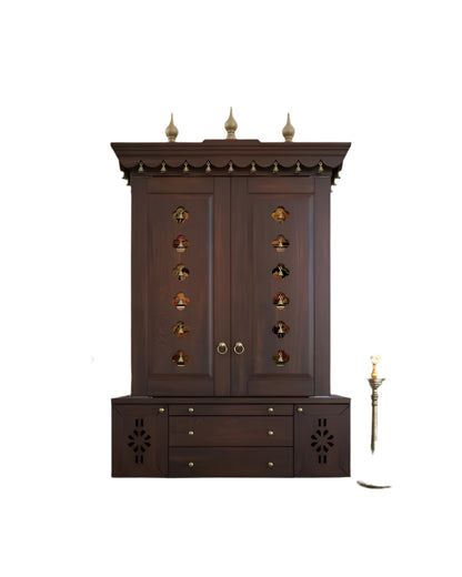 Beautifully crafted free-standing puja temple with door, tray & storage with pure brass accents.