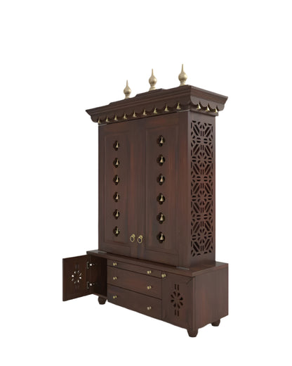 Beautifully crafted free-standing puja temple with door, tray & storage with pure brass accents.