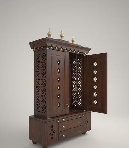 Beautifully crafted free-standing puja temple with door, tray & storage with pure brass accents.