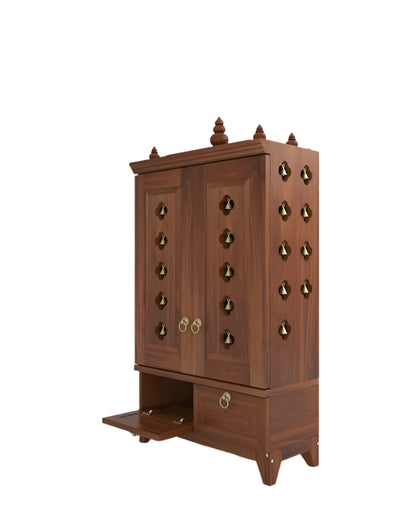 Solid wood handcrafted free-standing temple for home with door in Cherry Brown PU finish accessorized with brass bells & brass lamp