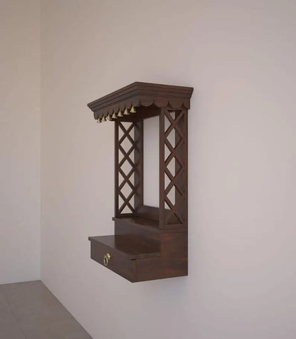 Wall mount Pooja Mandir with pure brass bells in premium walnut brown solid wood