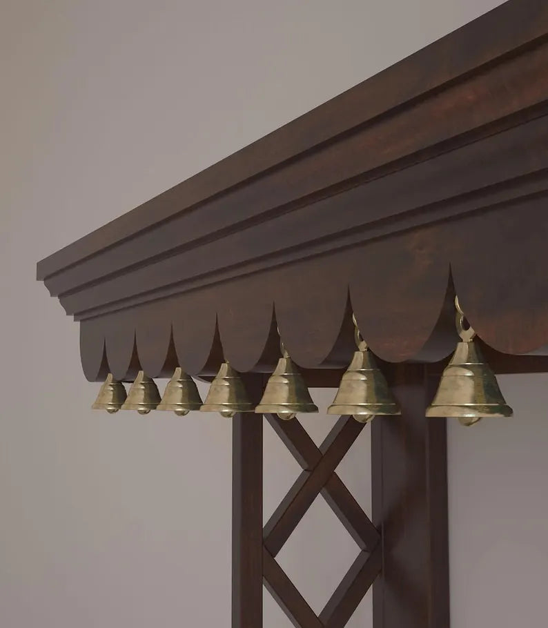 Wall mount Pooja Mandir with pure brass bells in premium walnut brown solid wood