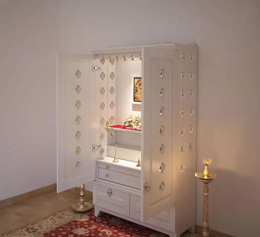 Wooden Cabinet Mandir Temple - White Stained PU Finished in Tulip Wood