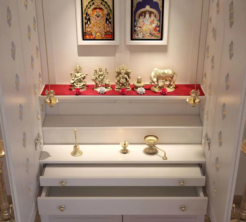 Wooden Cabinet Mandir Temple - White Stained PU Finished in Tulip Wood