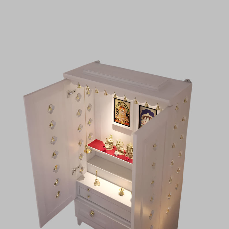 Wooden Cabinet Mandir Temple - White Stained PU Finished in Tulip Wood