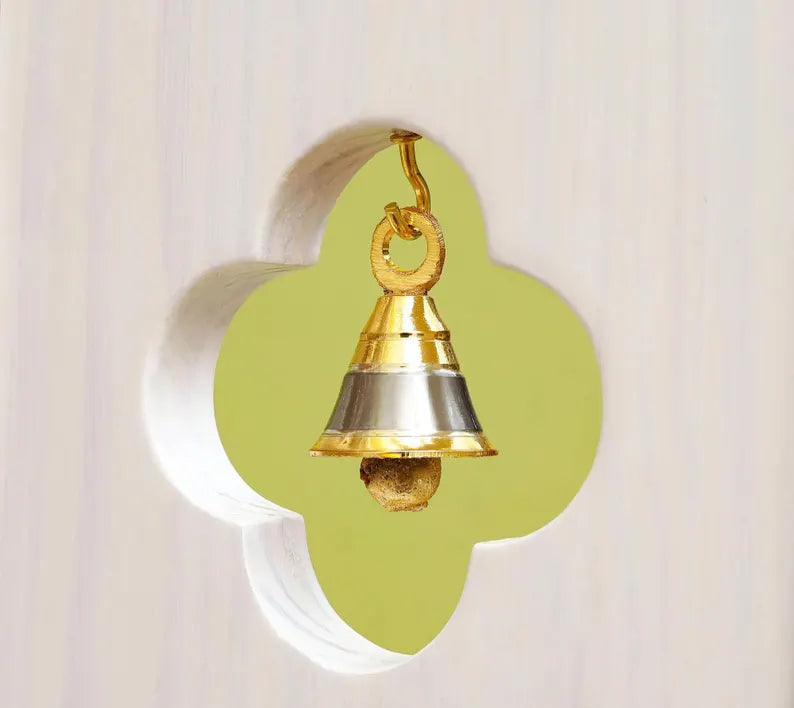 Wall Mount Pooja Unit with Drawer, Pure Brass Knob, and Bells on Sides and Shutters