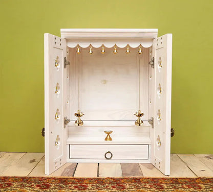 Wall Mount Pooja Unit with Drawer, Pure Brass Knob, and Bells on Sides and Shutters