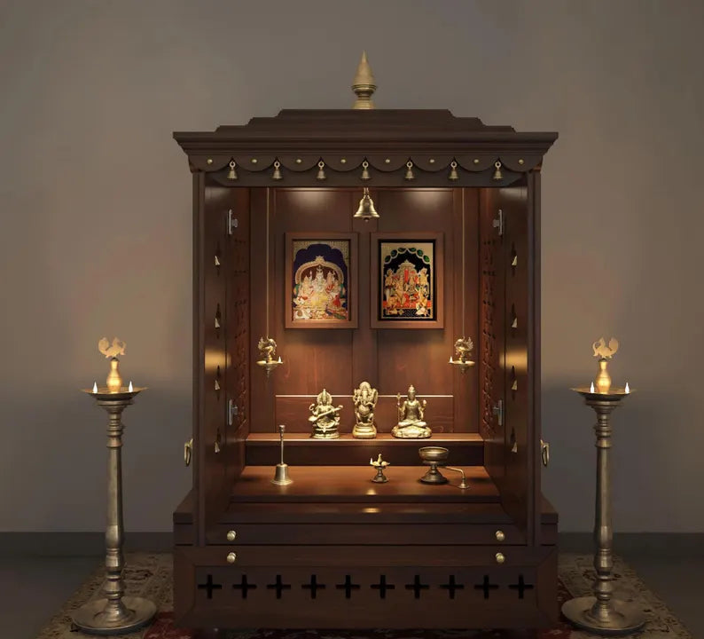 Traditional Free Standing Puja Mandir for Home Big in Solid Wood