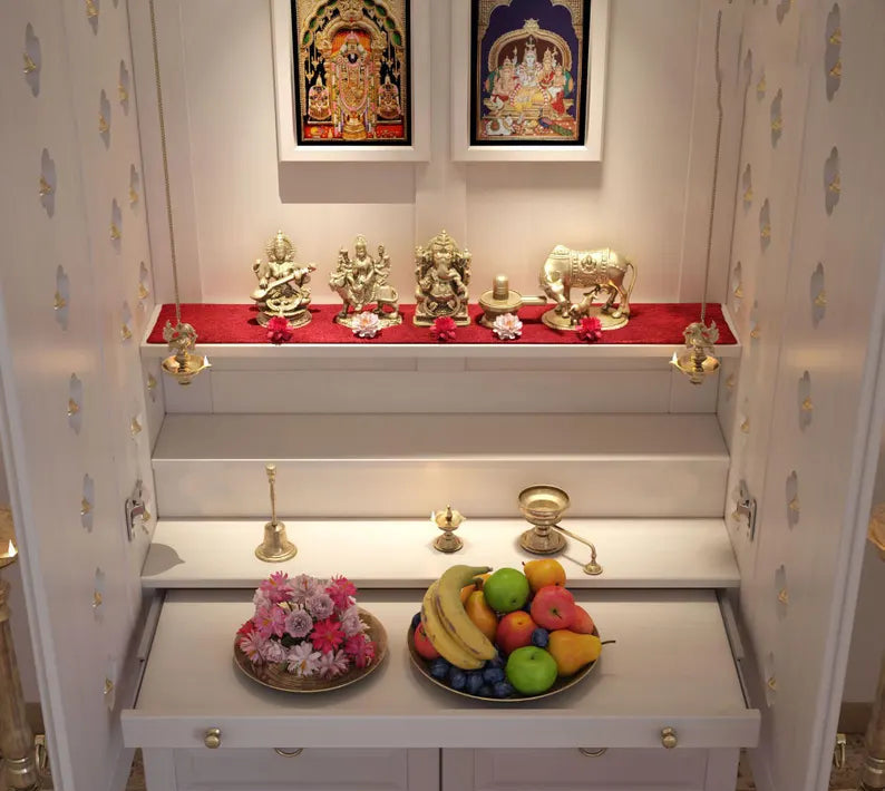 Wooden Cabinet Mandir Temple - White Stained PU Finished in Tulip Wood