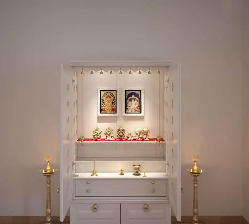 Wooden Cabinet Mandir Temple - White Stained PU Finished in Tulip Wood