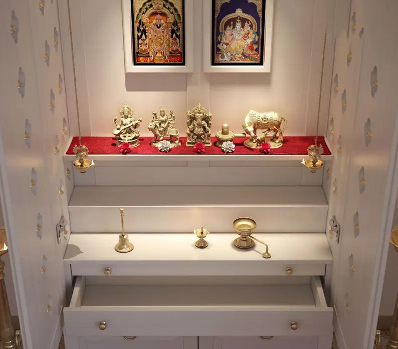 Wooden Cabinet Mandir Temple - White Stained PU Finished in Tulip Wood