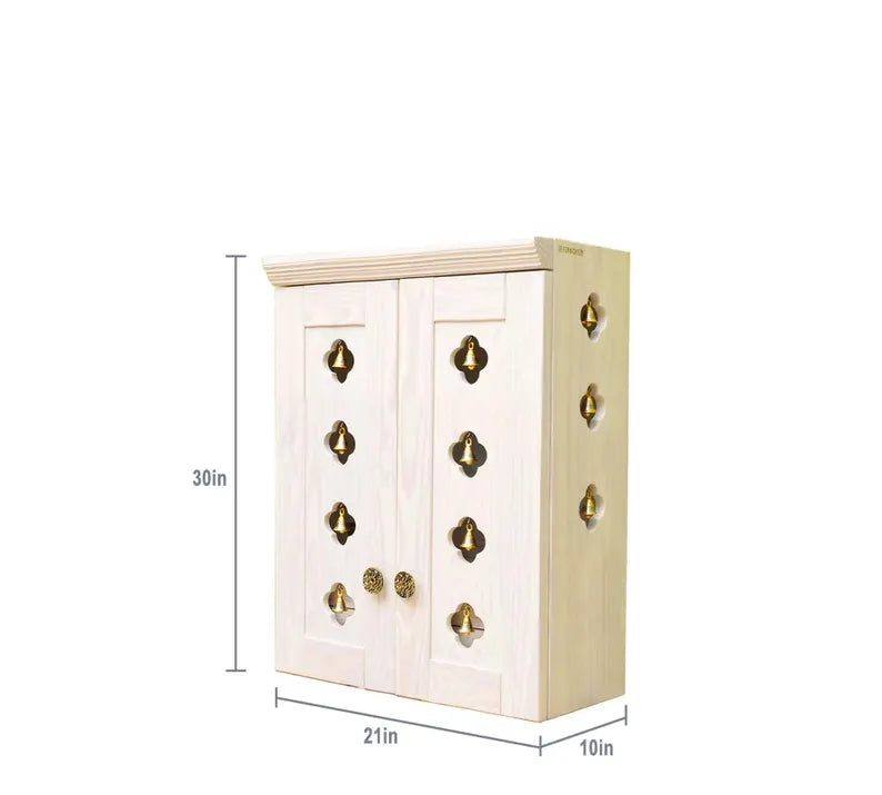 Wall Mount Pooja Unit with Drawer, Pure Brass Knob, and Bells on Sides and Shutters