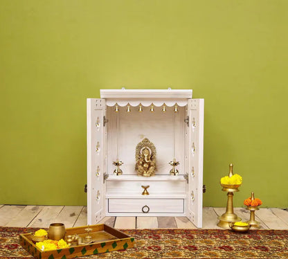 Wall Mount Pooja Unit with Drawer, Pure Brass Knob, and Bells on Sides and Shutters