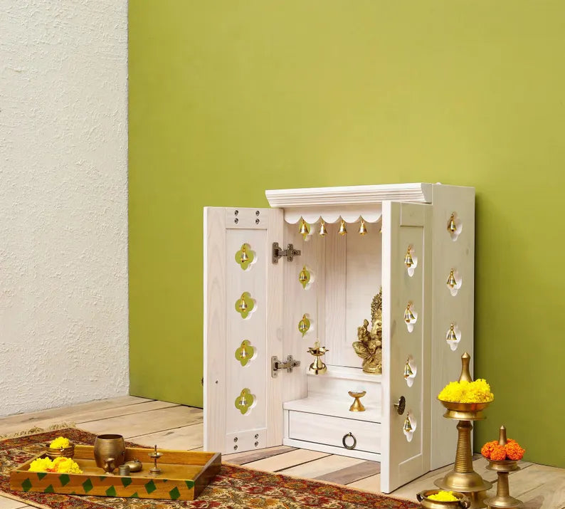 Wall Mount Pooja Unit with Drawer, Pure Brass Knob, and Bells on Sides and Shutters