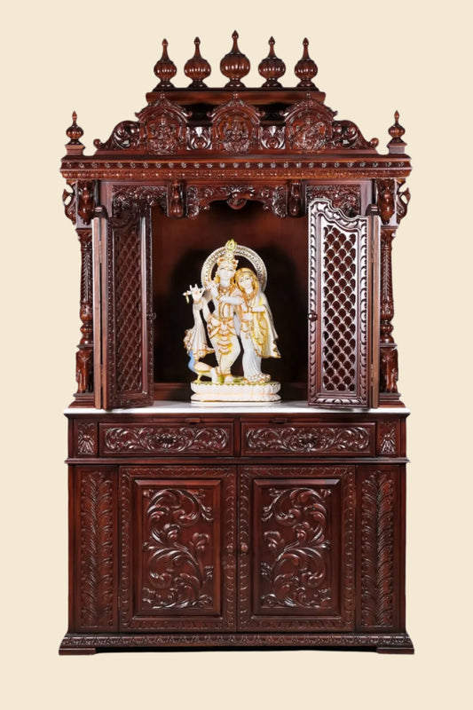 Large Designer Wooden Temple | Wooden Pooja Mandir | Temple With Doors & Drawers | Handmade | Made In India