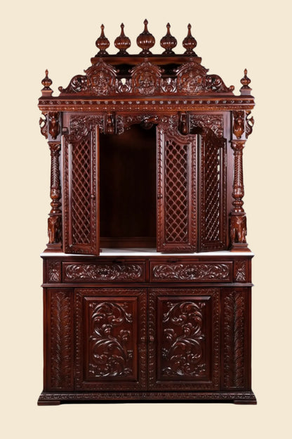 Large Designer Wooden Temple | Wooden Pooja Mandir | Temple With Doors & Drawers | Handmade | Made In India